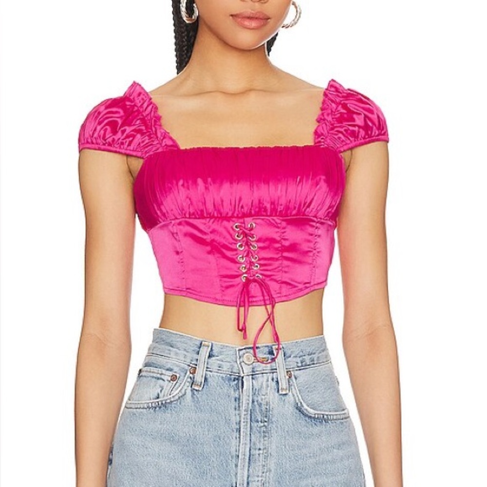 Revolve MORE TO COME Juliana Corset Puff Sleeve Crop Top in Hot Pink Satin Large